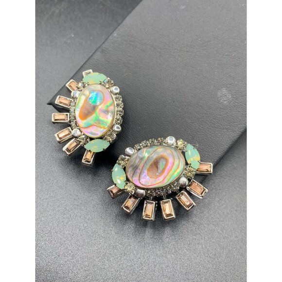 Signed Elizabeth Cole Clip Earrings Mother of Pearl Rhinestones Costume Jewelry - Picture 3 of 6